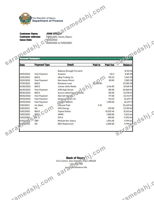Nauru Bank of Nauru bank statement Excel and PDF template